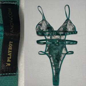 Y2K Playboy Large Green Floral Lace‎ Teddy Bodysuit Strappy Lingerie